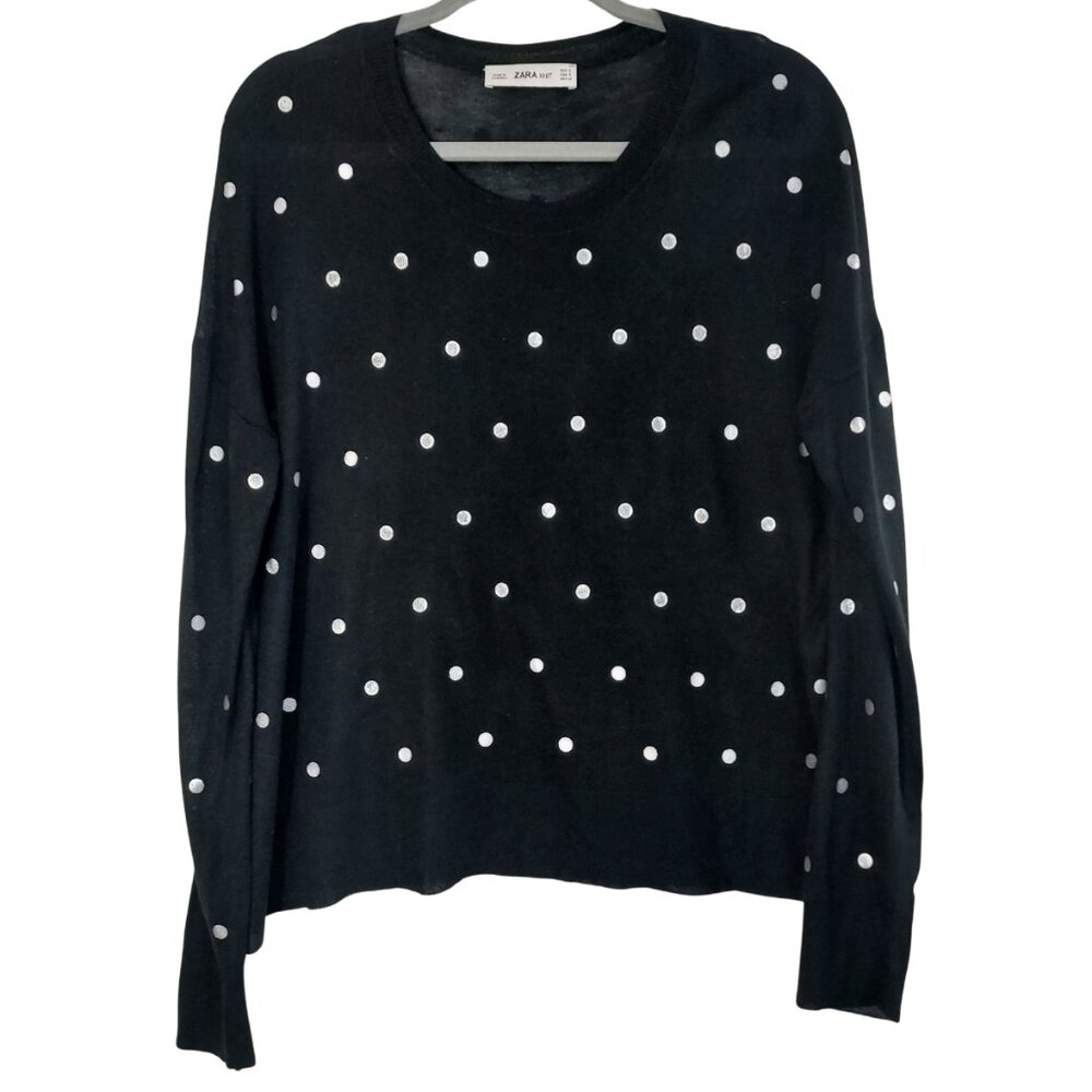 Zara Polka Dot Sweater Women's Size S Black & Silver Small Pullover